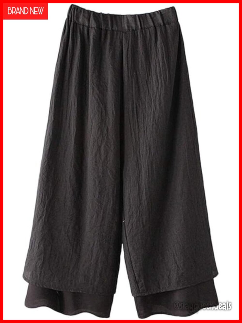 100% Cotton Wide Leg Palazzo Capri Pants Elastic Waist Side Slit